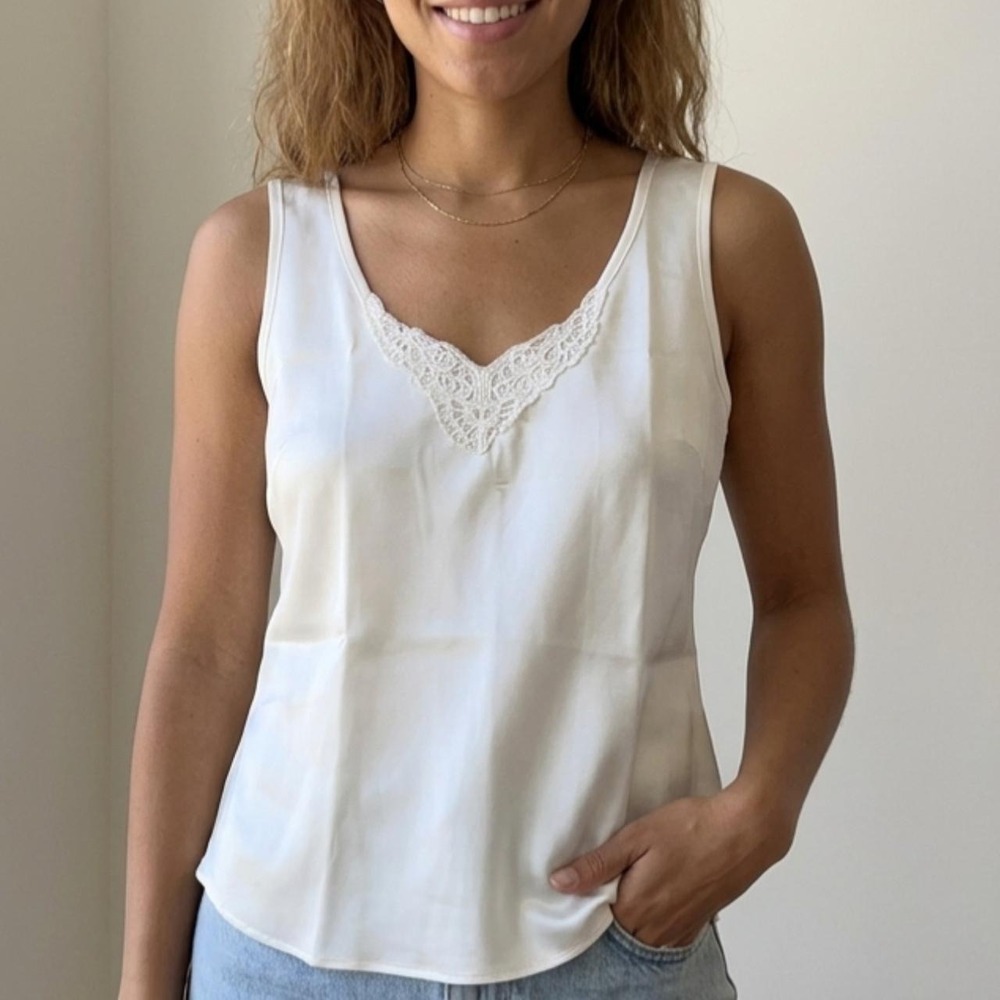 Vintage California Dreamin Ivory Satin Lace Tank | Size M